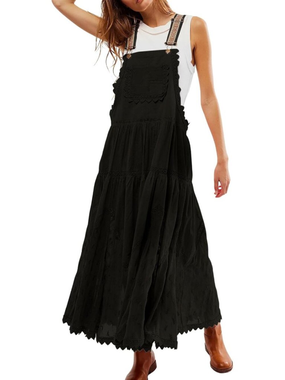 Women's Casual Lace Embroidered Maxi Dress Adjustable Strap Pleated Tiered Swing